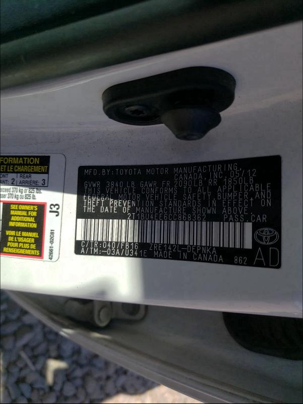 2012 TOYOTA COROLLA BA 2T1BU4EE6CC868362