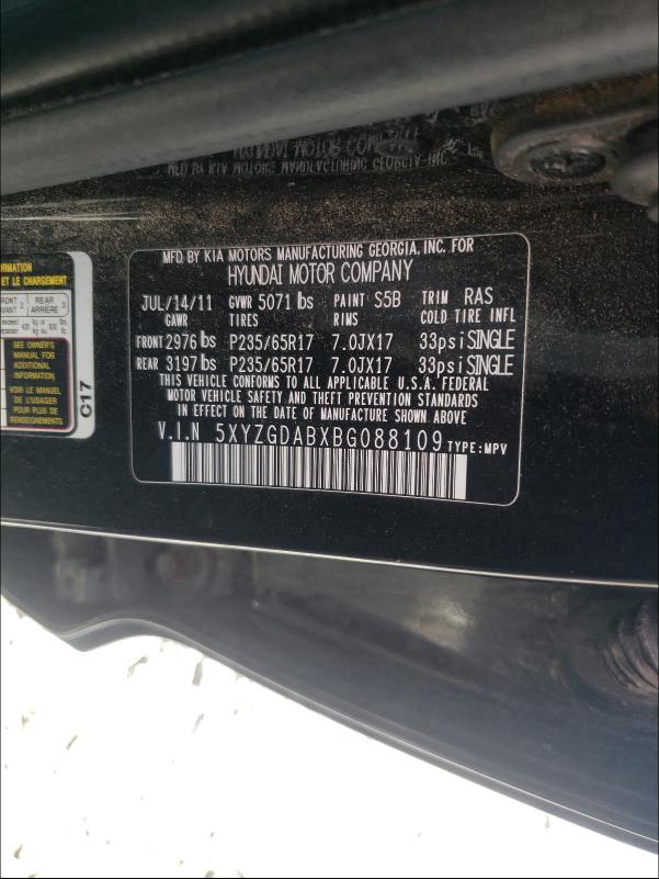 2011 HYUNDAI SANTA FE G 5XYZGDABXBG088109