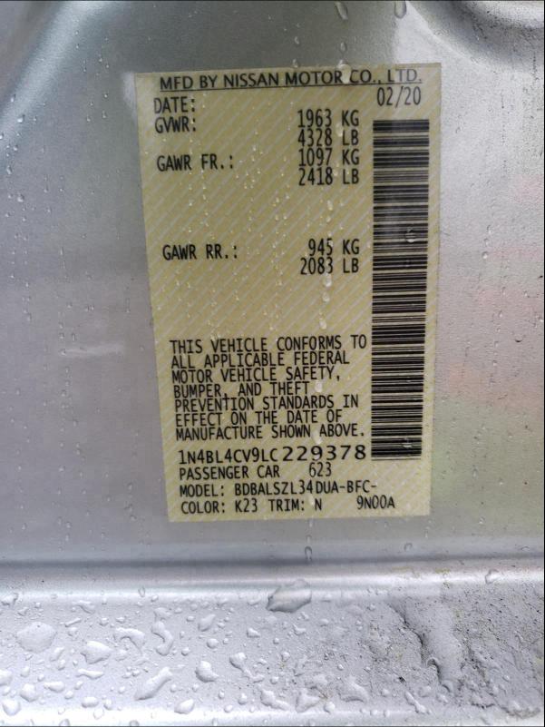 2020 NISSAN ALTIMA SR 1N4BL4CV9LC229378