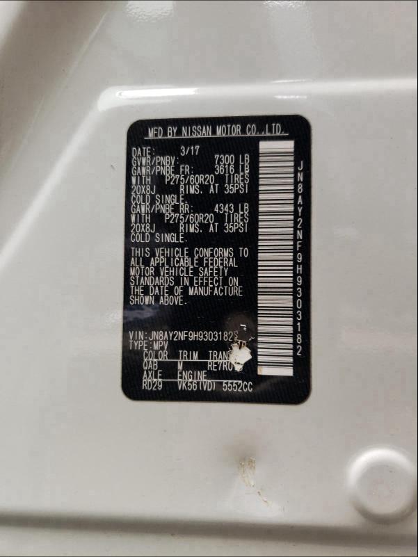 2017 NISSAN ARMADA PLA JN8AY2NF9H9303182