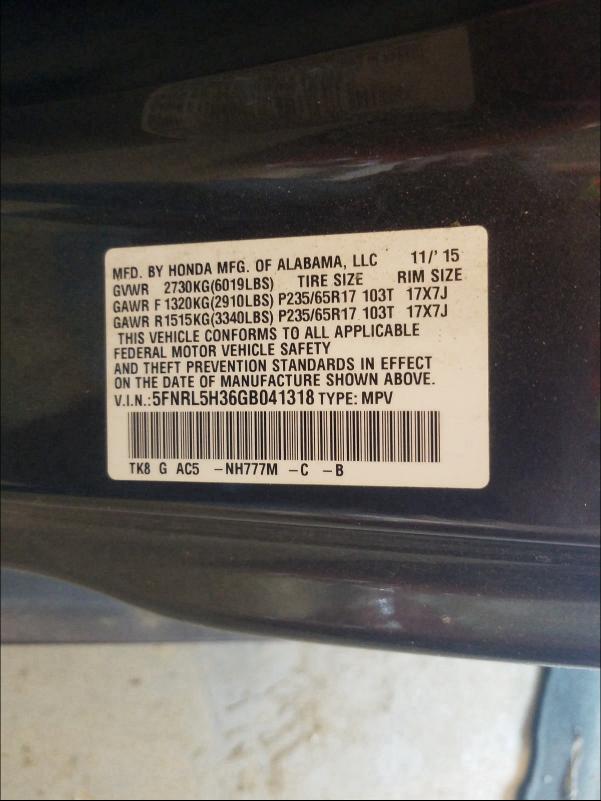 2016 HONDA ODYSSEY SE 5FNRL5H36GB041318