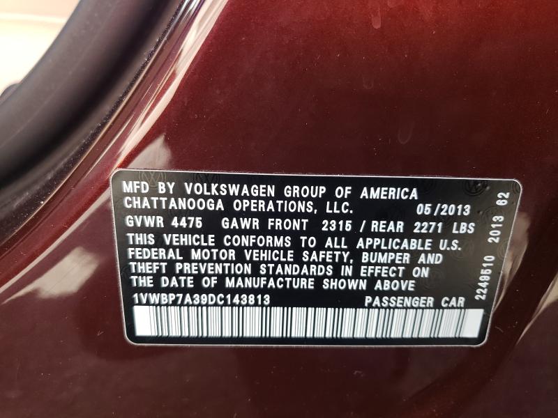 2013 VOLKSWAGEN PASSAT SE 1VWBP7A39DC143813