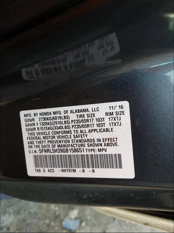 2016 HONDA ODYSSEY SE 5FNRL5H39GB158651