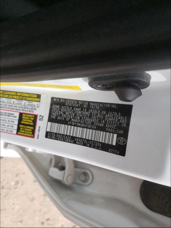 2019 TOYOTA CAMRY L 4T1B11HK0KU706104