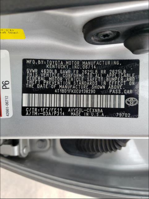 2014 TOYOTA CAMRY HYBR 4T1BD1FK0EU138290