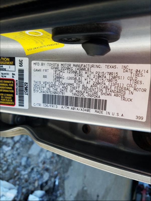 2014 TOYOTA TACOMA DOU 5TFJX4CN7EX043781