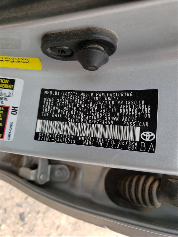 2017 TOYOTA COROLLA L 5YFBURHE8HP714459