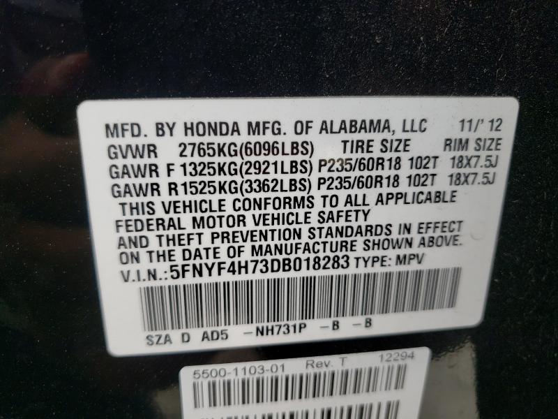 2013 HONDA PILOT EXLN 5FNYF4H73DB018283