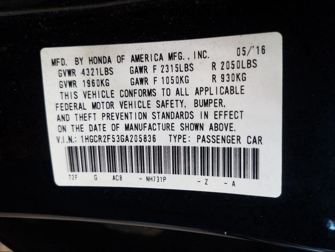 2016 HONDA ACCORD SPO 1HGCR2F53GA205836