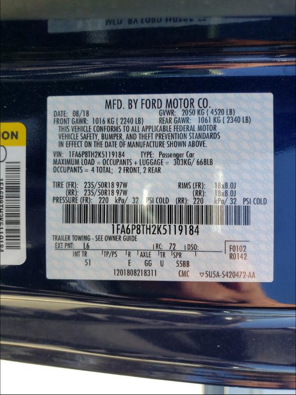 2019 FORD MUSTANG 1FA6P8TH2K5119184