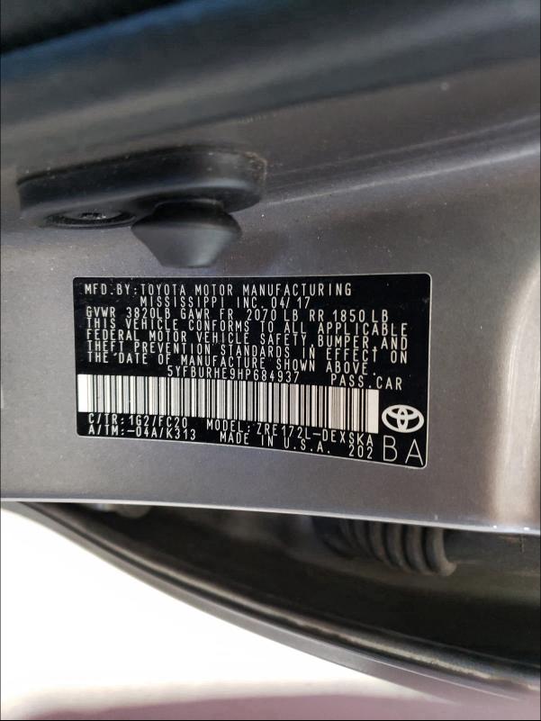 2017 TOYOTA COROLLA L 5YFBURHE9HP684937