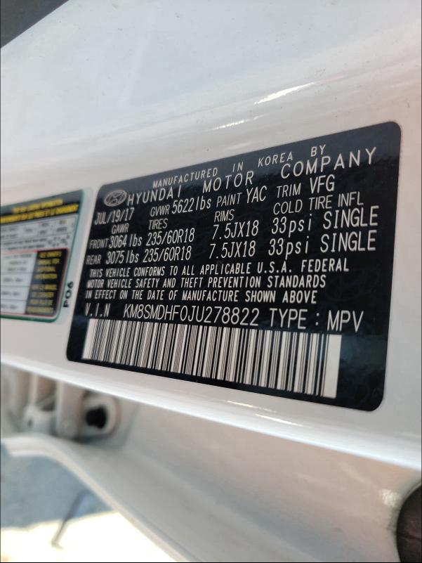 2018 HYUNDAI SANTA FE S KM8SMDHF0JU278822
