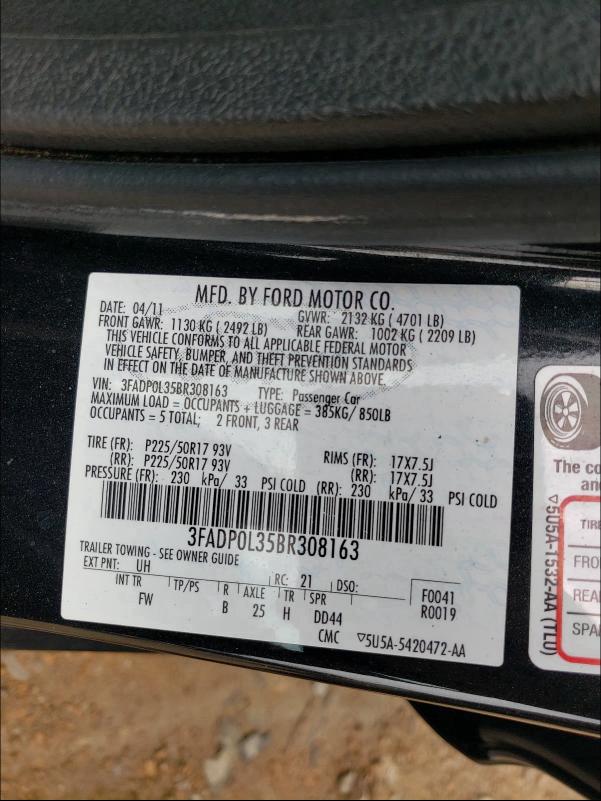 2011 FORD FUSION HYB 3FADP0L35BR308163