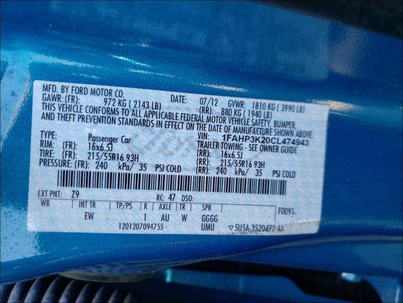 2012 FORD FOCUS SE 1FAHP3K20CL474943