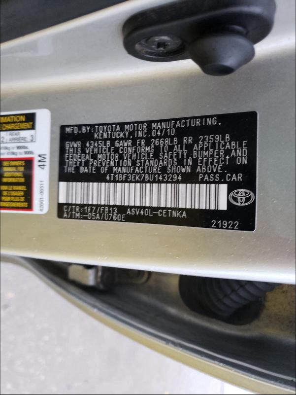 2011 TOYOTA CAMRY BASE 4T1BF3EK7BU143294