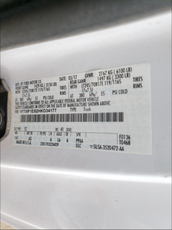 2017 FORD F150 1FTMF1E82HKD34177