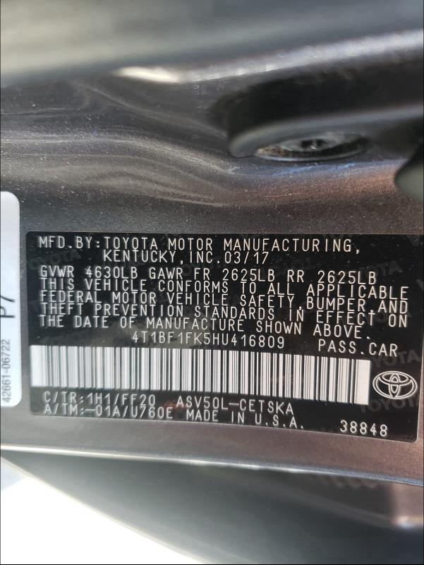 2017 TOYOTA CAMRY LE 4T1BF1FK5HU416809