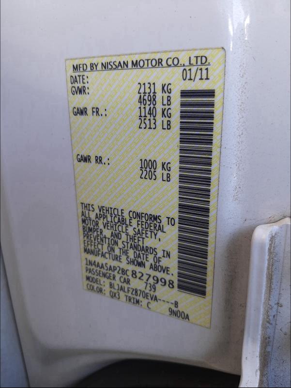 2011 NISSAN MAXIMA S 1N4AA5AP2BC827998