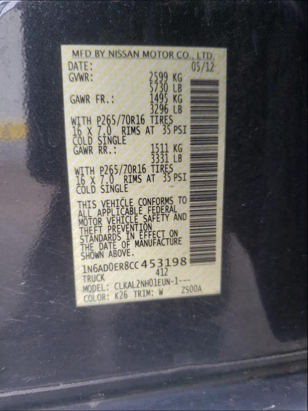 2012 NISSAN FRONTIER S 1N6AD0ER8CC453198
