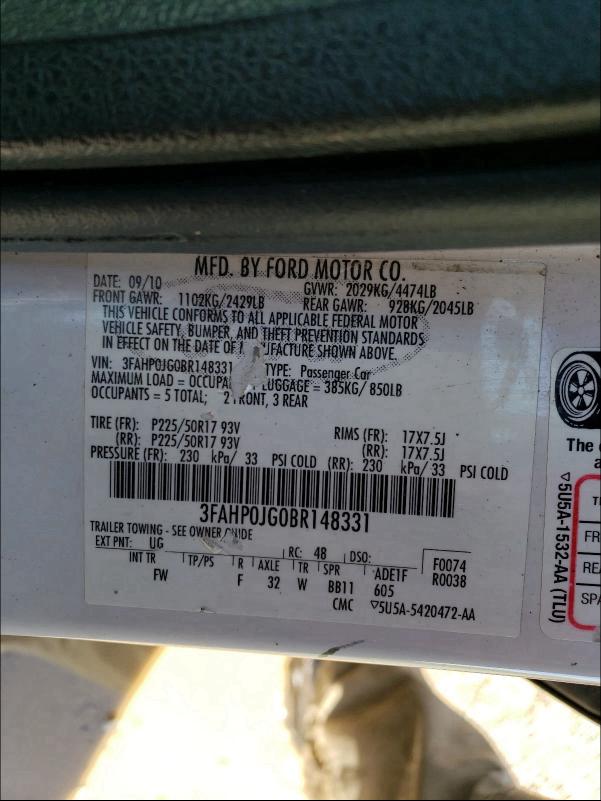 2011 FORD FUSION SEL 3FAHP0JG0BR148331