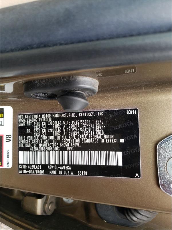 2014 TOYOTA VENZA LE 4T3BA3BB8EU060603