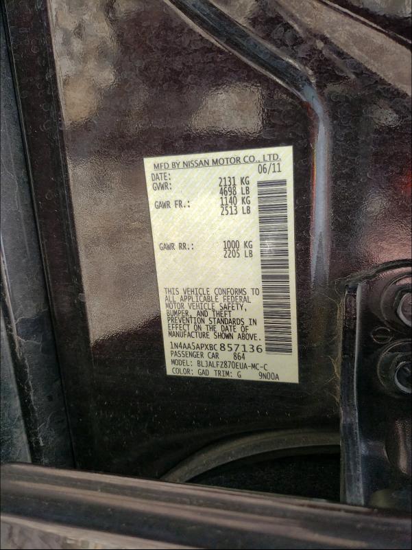 2011 NISSAN MAXIMA S 1N4AA5APXBC857136
