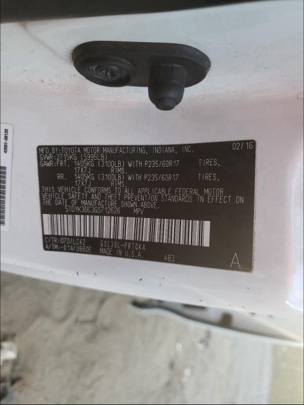 2016 TOYOTA SIENNA XLE 5TDYK3DC3GS712626