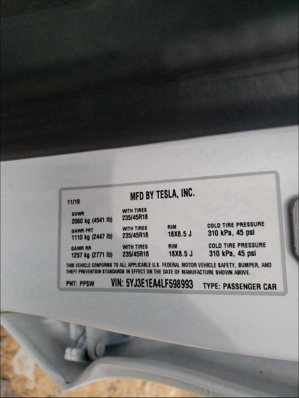2020 TESLA MODEL 3 5YJ3E1EA4LF598993