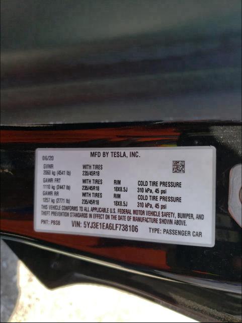 2020 TESLA MODEL 3 5YJ3E1EA6LF738106