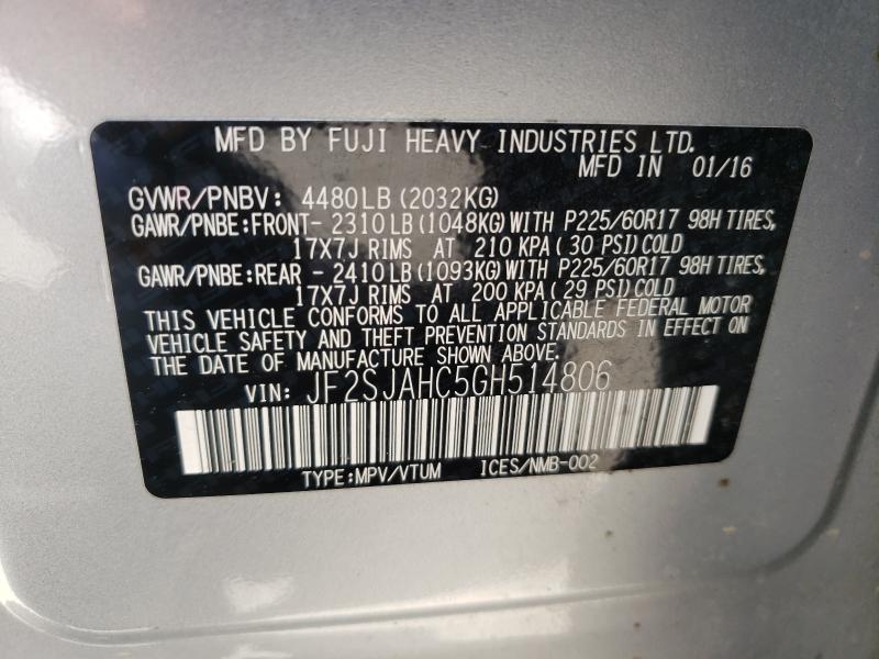 2016 SUBARU FORESTER 2 JF2SJAHC5GH514806