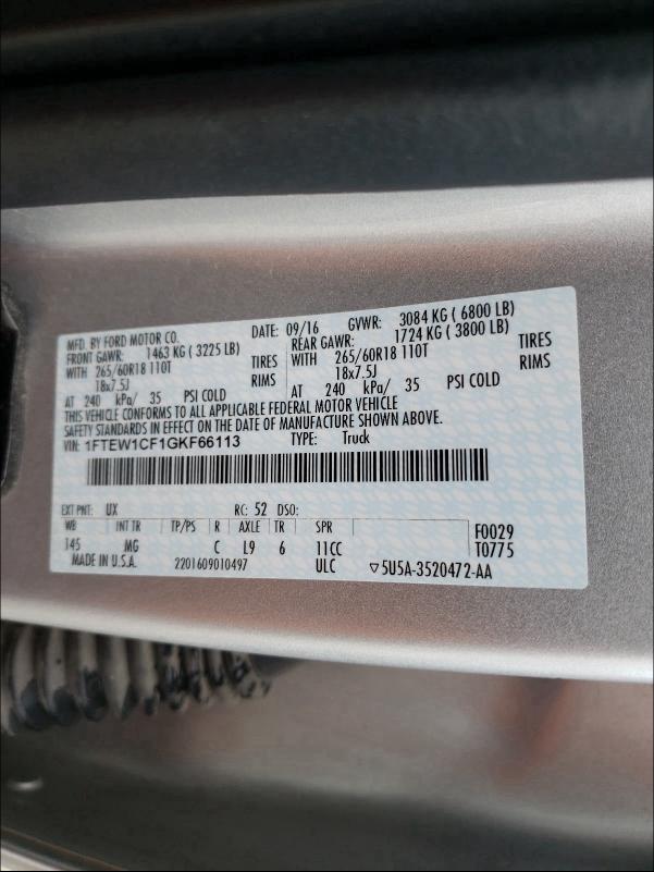 2016 FORD F150 SUPER 1FTEW1CF1GKF66113