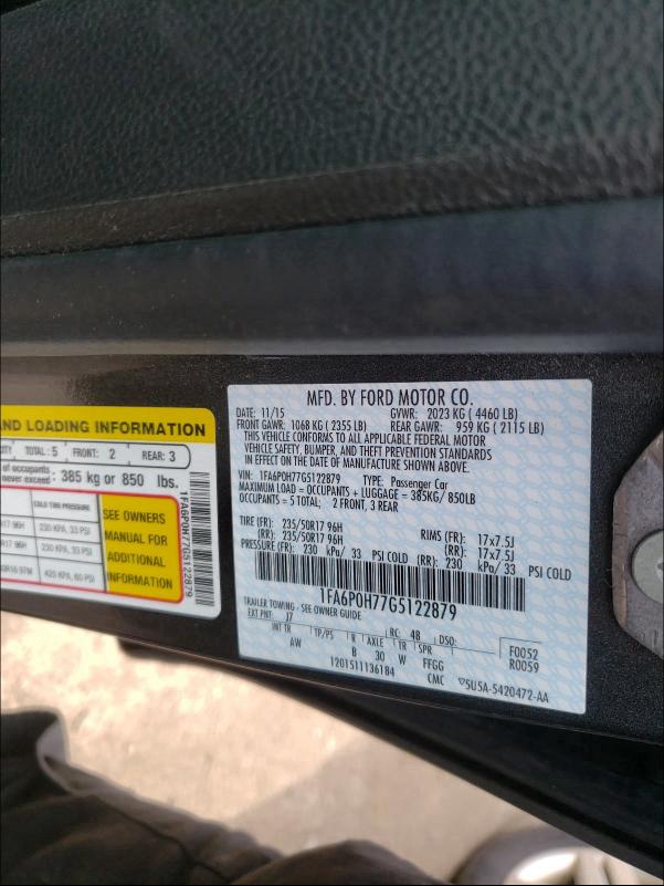 2016 FORD FUSION SE 1FA6P0H77G5122879