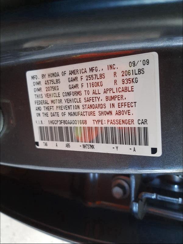 2010 HONDA ACCORD EXL 1HGCP3F80AA001668