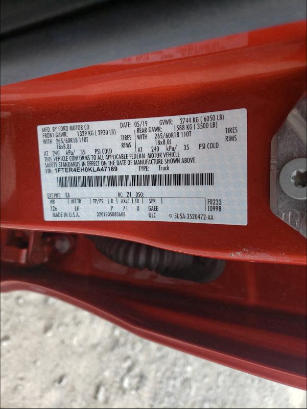 2019 FORD RANGER SUP 1FTER4EH0KLA47189