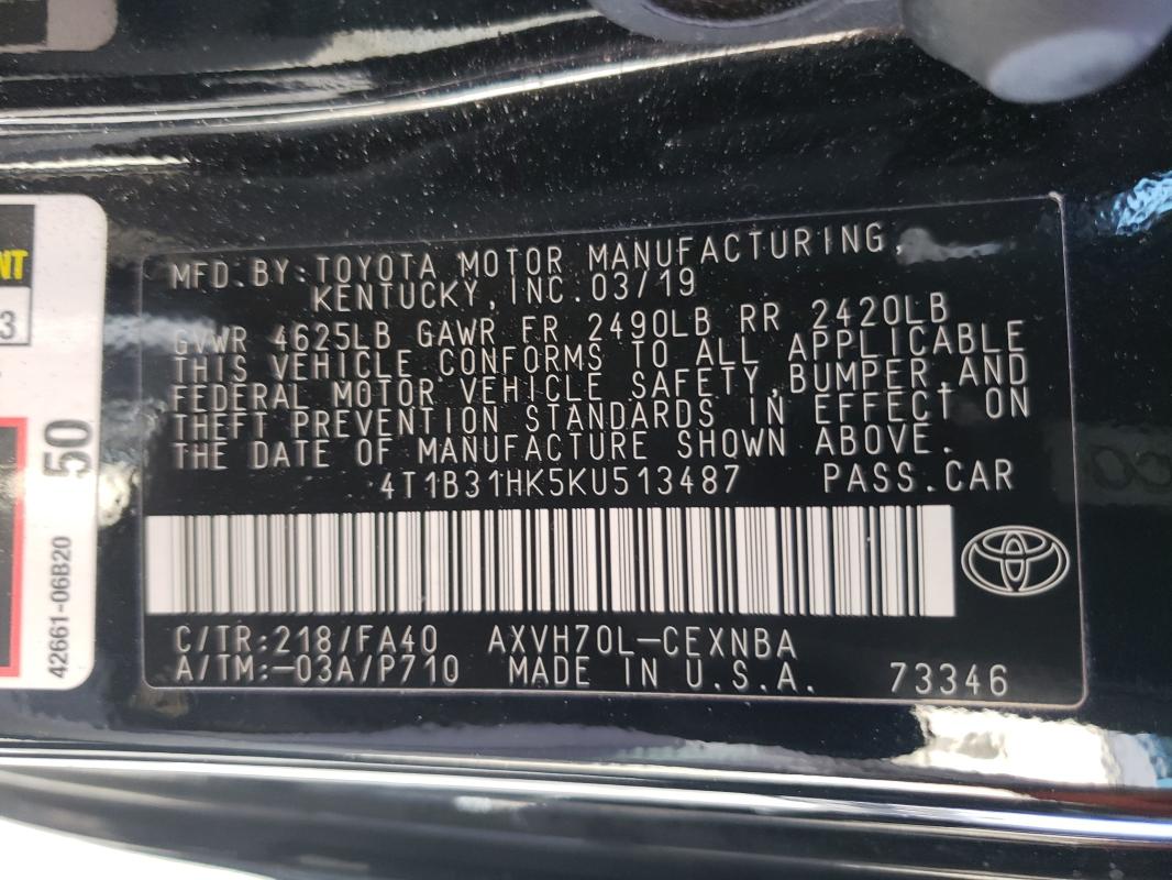 4T1B31HK5KU513487 Auction: COPART Lot: 43302441 Location: CA - VAN NUYS 4T1B31HK5KU513487 TOYOTA CAMRY 2019 BLACK Photo 10