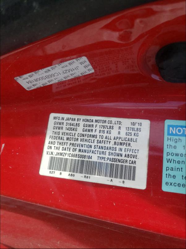2011 HONDA CR-Z EX JHMZF1C66BS008184