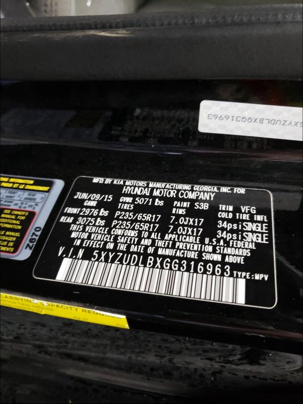 2016 HYUNDAI SANTA FE S 5XYZUDLBXGG316963