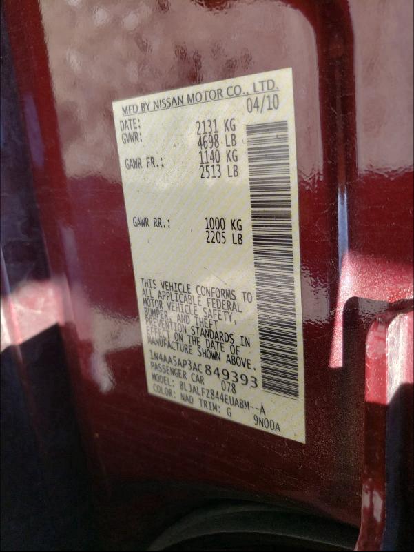 2010 NISSAN MAXIMA S 1N4AA5AP3AC849393
