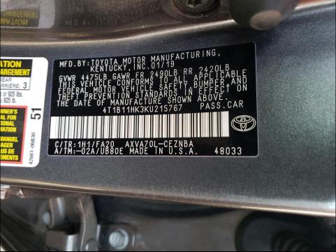 2019 TOYOTA CAMRY L 4T1B11HK3KU215767