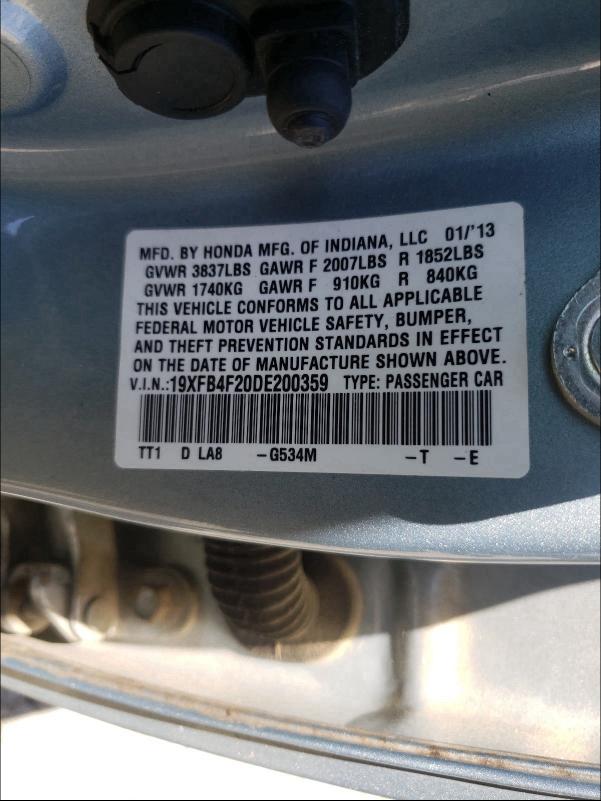 2013 HONDA CIVIC HYBR 19XFB4F20DE200359