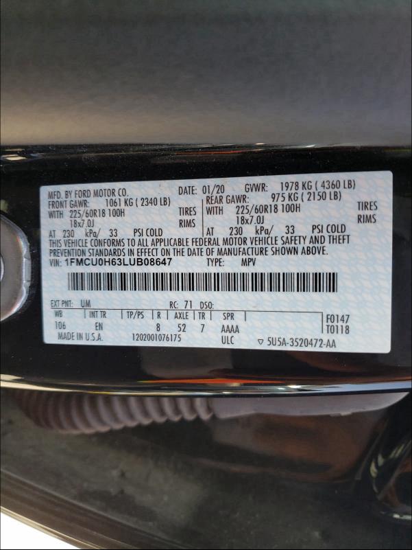 2020 FORD ESCAPE SEL 1FMCU0H63LUB08647