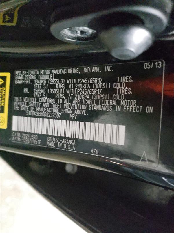 2013 TOYOTA HIGHLANDER 5TDBK3EH0DS232507