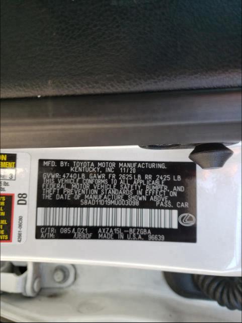 2021 LEXUS ES 250 BAS 58AD11D19MU003098