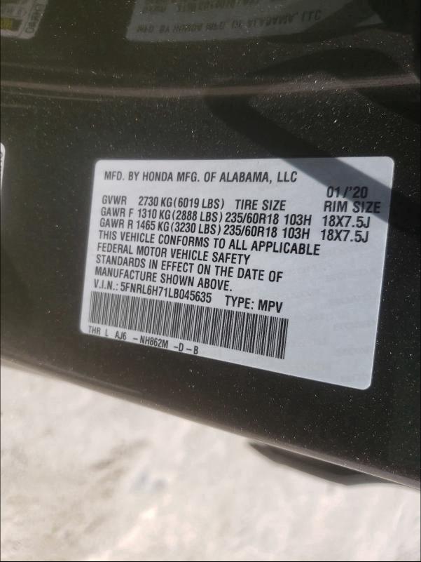 2020 HONDA ODYSSEY EX 5FNRL6H71LB045635