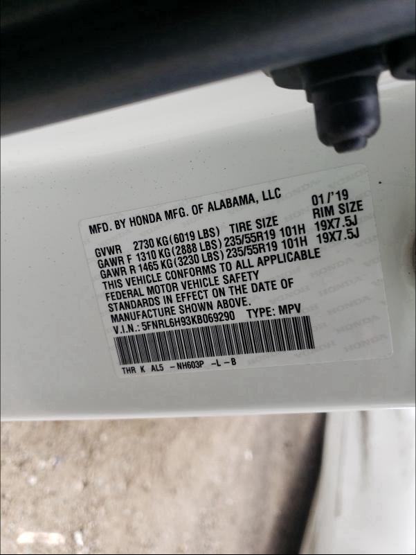 2019 HONDA ODYSSEY EL 5FNRL6H93KB069290