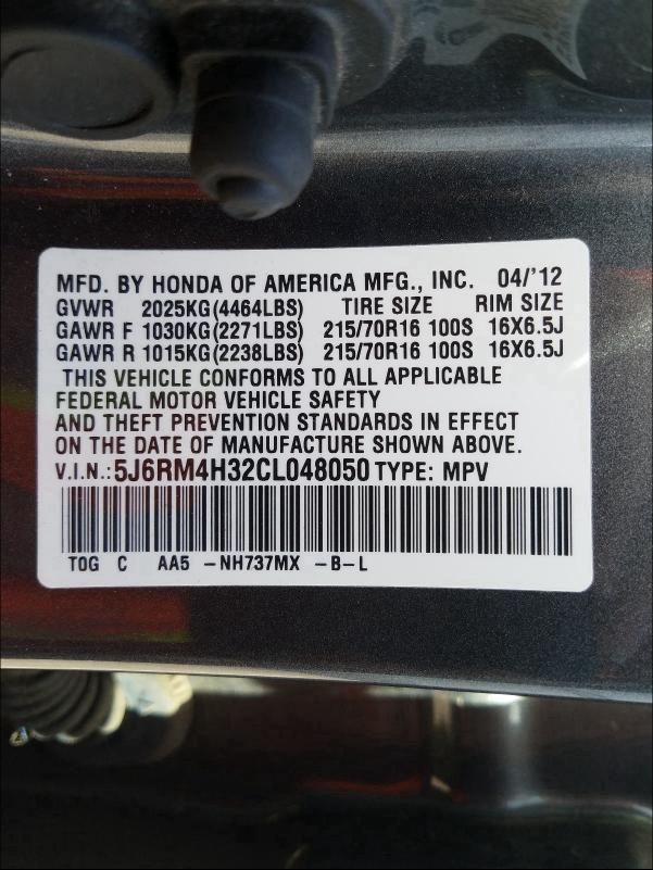 2012 HONDA CR-V LX 5J6RM4H32CL048050