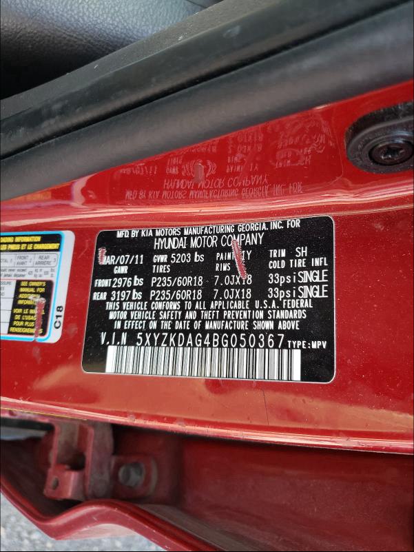 2011 HYUNDAI SANTA FE 5XYZKDAG4BG050367