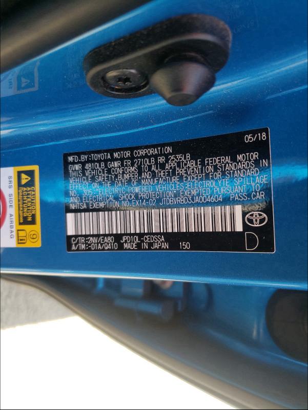 2018 TOYOTA MIRAI JTDBVRBD3JA004604