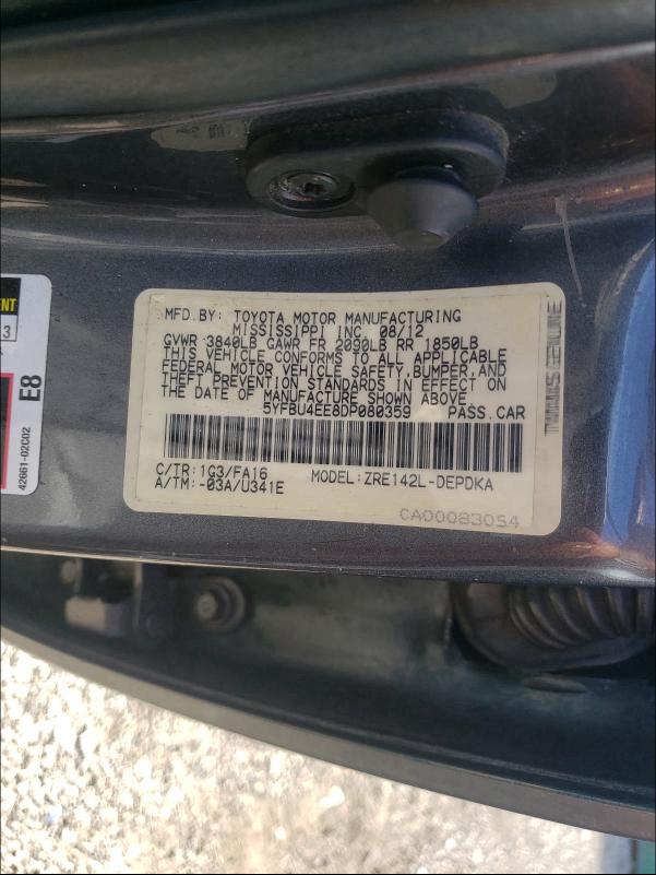 2013 TOYOTA COROLLA BA 5YFBU4EE8DP080359