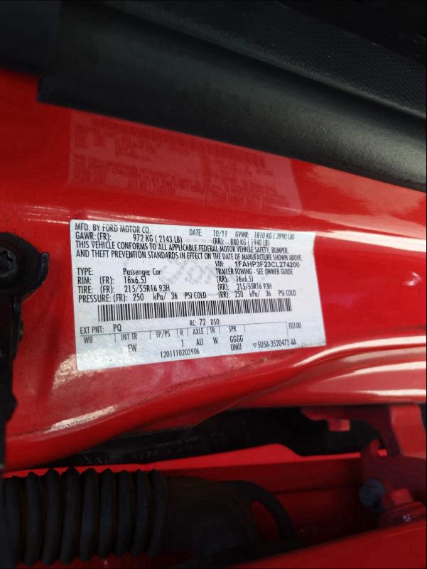2012 FORD FOCUS SE 1FAHP3F23CL274200